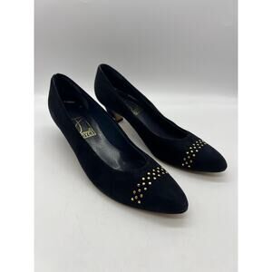 Joyce‎ Navy Suede Pumps Gold Stud Toe 8N Narrow Vintage Heels